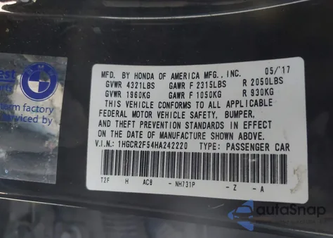 2017 Honda Accord Sport from USA, damaged, VIN 1HGCR2F54HA242220